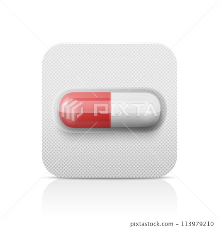 Vector Realistic Red and White Pharmaceutical Medical Pill, Vitamins, Capsule in Blister Closeup Isolated. Pill in Blister Packaging Design Template. Front View. Medicine, Health Concept Vector Realistic Red and White Pharmaceutical Medical Pill, Vitamins, Capsule in Blister Closeup Isolated. Pill in Blister Packaging Design Template. Front View. Medicine, Health Concept 113979210