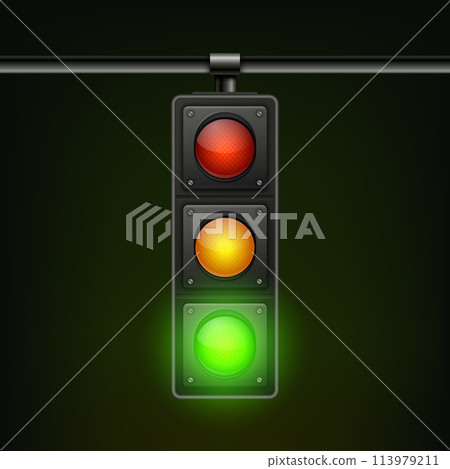 Vector Realistic Hanging Traffic Signal with Green Light. Traffic Light with Glowing Green Prohibiting Signal Isolated on Black Background 113979211