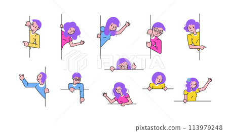 Young cartoon characters playing peekaboo, hiding behind lines, colorful joyful illustrations. Vibrant cartoon people engaging playful activities, peering around corners bright expressions. Flat Young cartoon characters playing peekaboo, hiding behind lines, colorful joyful illustrations. Vibrant cartoon people engaging playful activities, peering around corners bright expressions. Flat 113979248