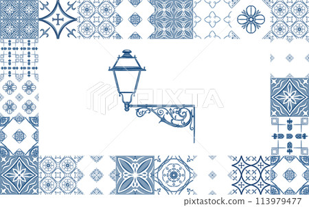 Vintage street lamp side view.In the streets of an old European city in monochromatic colors blue and white.Isolated on white background watercolor illustration.For kitchen textiles,postcards Vintage street lamp side view.In the streets of an old European city in monochromatic colors blue and white.Isolated on white background watercolor illustration.For kitchen textiles,postcards 113979477