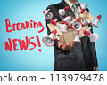 Businessman levitating box full of red and white megaphones that are flying out of it 113979478