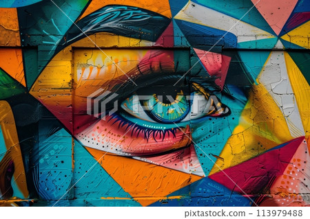 Colorful graffiti eye mural on urban wall 113979488