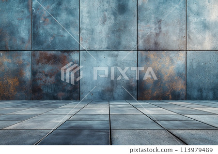 Rusty metal wall with blue patina texture 113979489