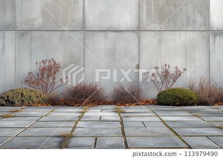 Concrete Wall with Autumn Plants 113979490