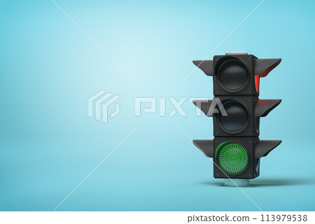 Green light on stack of black loudspeakers Green light on stack of black loudspeakers 113979538
