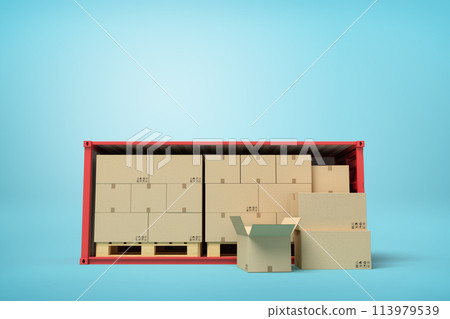 3d rendering of red open container full of cardboard packages 3d rendering of red open container full of cardboard packages 113979539