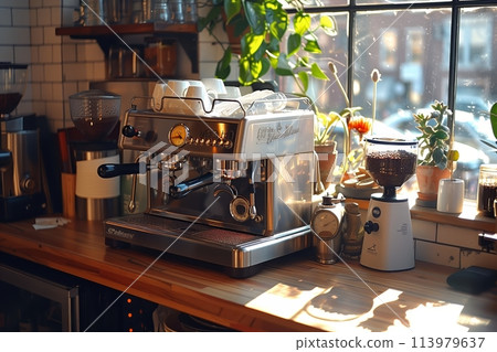 Elegant espresso machine catching morning light Elegant espresso machine catching morning light 113979637
