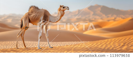 Camel walking across sandy desert dunes 113979638