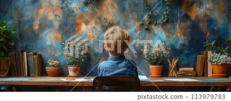 Young boy contemplating in a vintage study 113979783