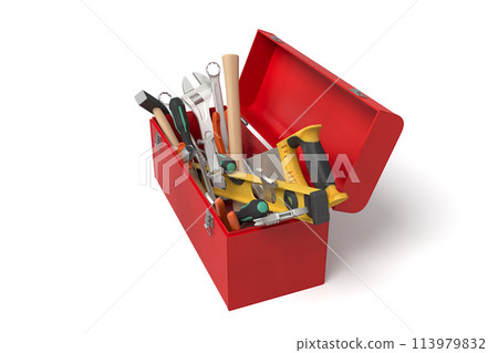 Red toolbox filled with various tools 113979832