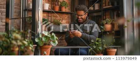 Urban man engaged with smartphone on balcony 113979849