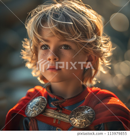 Boy in costume with heroic stance and lighting 113979855