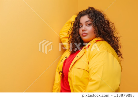 Curvy woman in bright clothing posing 113979893