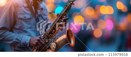Street musician with saxophone and bokeh lights 113979916