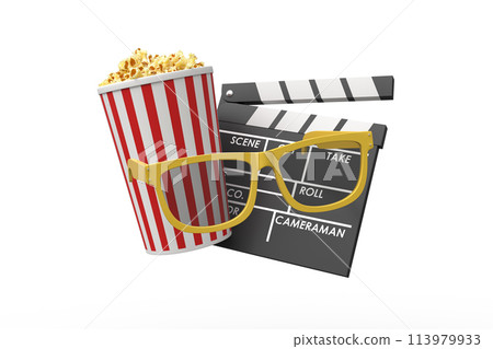 Popcorn and clapperboard with yellow glasses 113979933