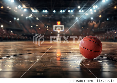 Basketball on court with arena lights 113980018