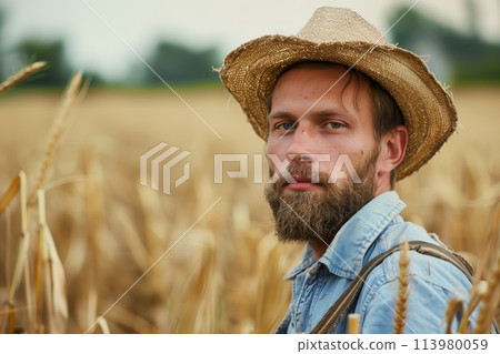 Young farmer in a straw hat in the wheat field 113980059