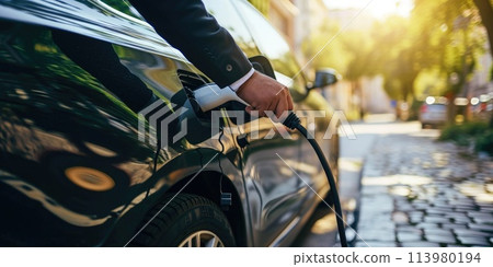 A picture of electric vehicle charging at charging station with charger. AIGX01. 113980194