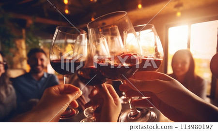 Group of friends gathering for wine tasting in countryside vineyard comeliness 113980197