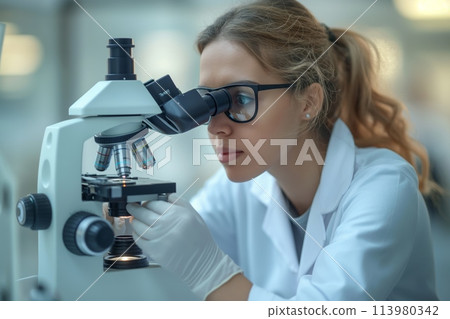 Scientist looking through a microscope 113980342