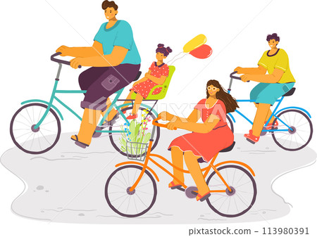 Family bicycle ride, children, parents riding bikes, casual clothing, outdoor activity, girl holding balloons, sunny day. Digital illustration tandem bicycle, flowers bike basket, joyful leisure 113980391