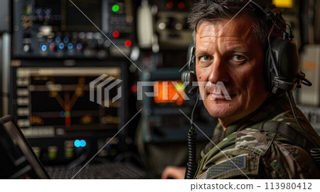 The military officer is working on communication to communicate with other soldier. AIG43. The military officer is working on communication to communicate with other soldier. AIG43. 113980412