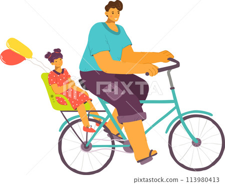 Young man cycling happy child sitting rear bike seat holding balloons. Casual clothing, outdoor family activity, leisure time, colorful bike ride. Cheerful father daughter sharing moment while 113980413