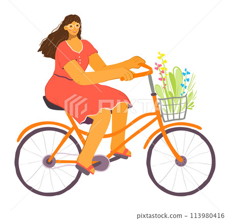 Woman cycling leisurely, enjoying sunny day. Female cyclist wears casual dress, rides orange bike, carries flowers basket. Smiling lady curly hair, glasses pedals through leisure scene Woman cycling leisurely, enjoying sunny day. Female cyclist wears casual dress, rides orange bike, carries flowers basket. Smiling lady curly hair, glasses pedals through leisure scene 113980416