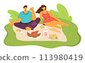 Young man woman picnic park enjoying food relaxed casual clothing friends summer weekend. Diverse couple eating watermelon park leisure activity picnic blanket greenery. People spend time together 113980419