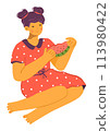 Young woman enjoying juicy watermelon during summer. Smiling lady seated crosslegged dressed red polka dot dress eating fruit. Cartoon character vector illustration casual summertime leisure 113980422