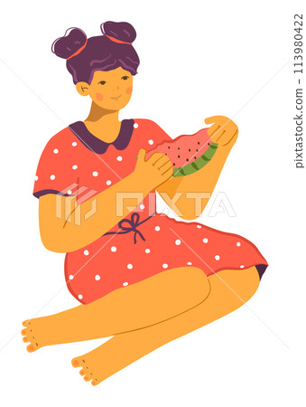 Young woman enjoying juicy watermelon during summer. Smiling lady seated crosslegged dressed red polka dot dress eating fruit. Cartoon character vector illustration casual summertime leisure Young woman enjoying juicy watermelon during summer. Smiling lady seated crosslegged dressed red polka dot dress eating fruit. Cartoon character vector illustration casual summertime leisure 113980422