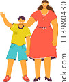 Mother child smiling, standing together, woman holding boys shoulder. Boy waves cheerfully, both wear bright casual clothes, cartoon style. Casual wear, happiness, family moment illustrated 113980430