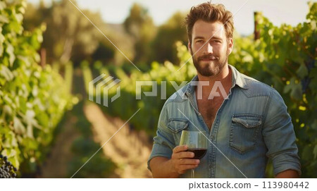 The winemaker holding wineglass that filled with wine inside grape yard. AIG43. The winemaker holding wineglass that filled with wine inside grape yard. AIG43. 113980442