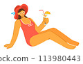 Description Young woman relaxing summer beach vacation, holding cocktail, wearing swimsuit, hat sunglasses. Smiling female enjoying tropical drink, sitting casual pose, leisure holiday concept 113980443