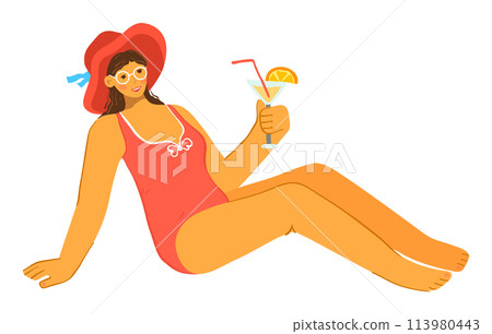 Description Young woman relaxing summer beach vacation, holding cocktail, wearing swimsuit, hat sunglasses. Smiling female enjoying tropical drink, sitting casual pose, leisure holiday concept Description Young woman relaxing summer beach vacation, holding cocktail, wearing swimsuit, hat sunglasses. Smiling female enjoying tropical drink, sitting casual pose, leisure holiday concept 113980443
