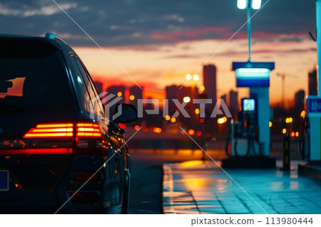 Car at Sunset near Gas Pumps with Cityscape 113980444