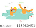 Two people playing beach ball water, sea vacation leisure activity. Young adults enjoying sunny day seaside, holiday fun. Man woman swimwear tossing beach ball, cheerful summer scene 113980451