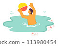 Man playing beach ball sea, joyful summer vacation activity. Male figure enjoying water sports, colorful inflatable ball beach. Cheerful person splashing blue ocean waters, playful 113980454