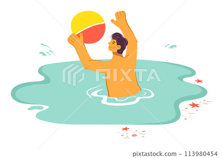 Man playing beach ball sea, joyful summer vacation activity. Male figure enjoying water sports, colorful inflatable ball beach. Cheerful person splashing blue ocean waters, playful 113980454