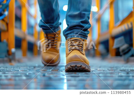 The close up view of engineer working inside factory and focus on boots. AIG43. 113980455
