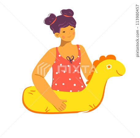 Young girl enjoying summer fun sitting float shaped dinosaur. Smiling child playful, ready pool swimming. Kid cartoon character, summer vacation activity, isolated white background Young girl enjoying summer fun sitting float shaped dinosaur. Smiling child playful, ready pool swimming. Kid cartoon character, summer vacation activity, isolated white background 113980457