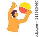 Man playing beach ball, raising colorful ball above head, cheerful. Young male having fun, engaging summer activities, playing ball. Cartoon character enjoys sunny day sports, playful mood, leisure 113980460