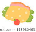 Flat design taco graphic yellow shell, green lettuce, pink topping, red tomato. Cartoon taco illustration perfect menu childrens book, drawing isolated white background, simplistic food illustration 113980463