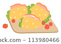 Three sandwiches ham, cheese, lettuce cutting board, flat vector illustration snacks. Red tomatoes next lunch meal, cartoon representation food items. Colorful pic sandwiches, quick prepare meal 113980466