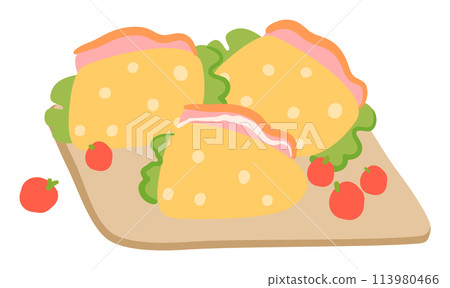 Three sandwiches ham, cheese, lettuce cutting board, flat vector illustration snacks. Red tomatoes next lunch meal, cartoon representation food items. Colorful pic sandwiches, quick prepare meal Three sandwiches ham, cheese, lettuce cutting board, flat vector illustration snacks. Red tomatoes next lunch meal, cartoon representation food items. Colorful pic sandwiches, quick prepare meal 113980466