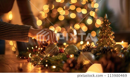 The picture of the family member is setting up the holiday decorations. AIG43. 113980469