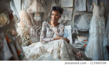 The wedding dress designer in studio filled with wedding dress on model. AIG43. 113980506