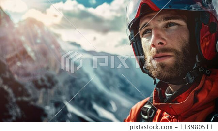 The caucasian male is prepare to paragliding from the peak of mountain. AIG43. The caucasian male is prepare to paragliding from the peak of mountain. AIG43. 113980511