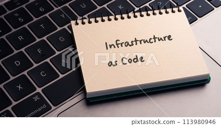 There is a notebook with the words Infrastructure as Code written on it. There is a notebook with the words Infrastructure as Code written on it. 113980946