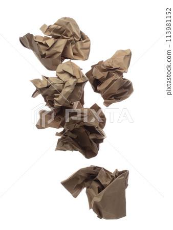 Brown Crumpled paper ball is symbol of frustration discarded ideas, isolated white background. Crumpled paper ball write creative drawing, problem-solving, potential artwork. Many recycle paper angle 113981152